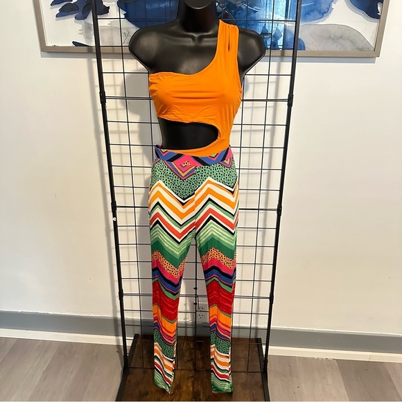 Women’s Orange 2-Piece Bodysuit Multi Color Design Leggings Pants - Picture 14 of 17